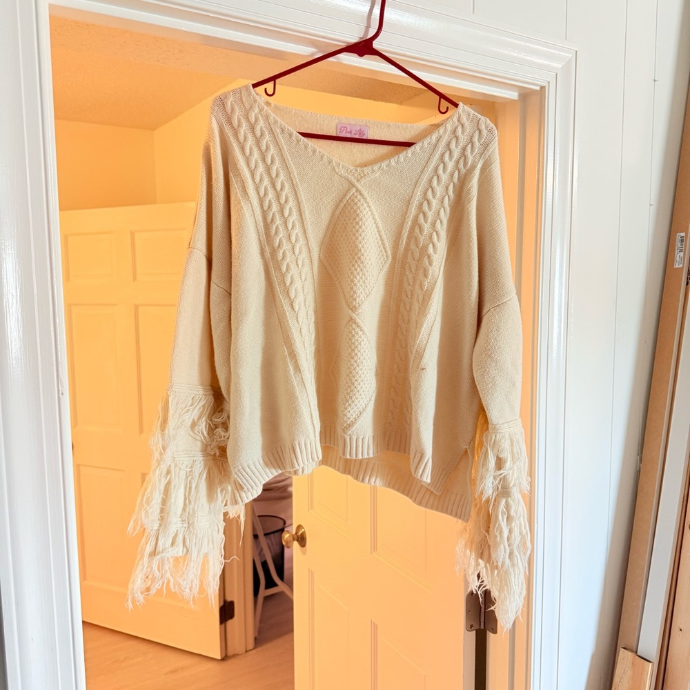 Chic Cream Sweater with Fringe by Pink Lily